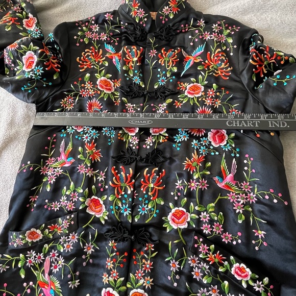 Black Chinese vintage hand embroidery floral birds long jacket coat size xs-s - Picture 14 of 16